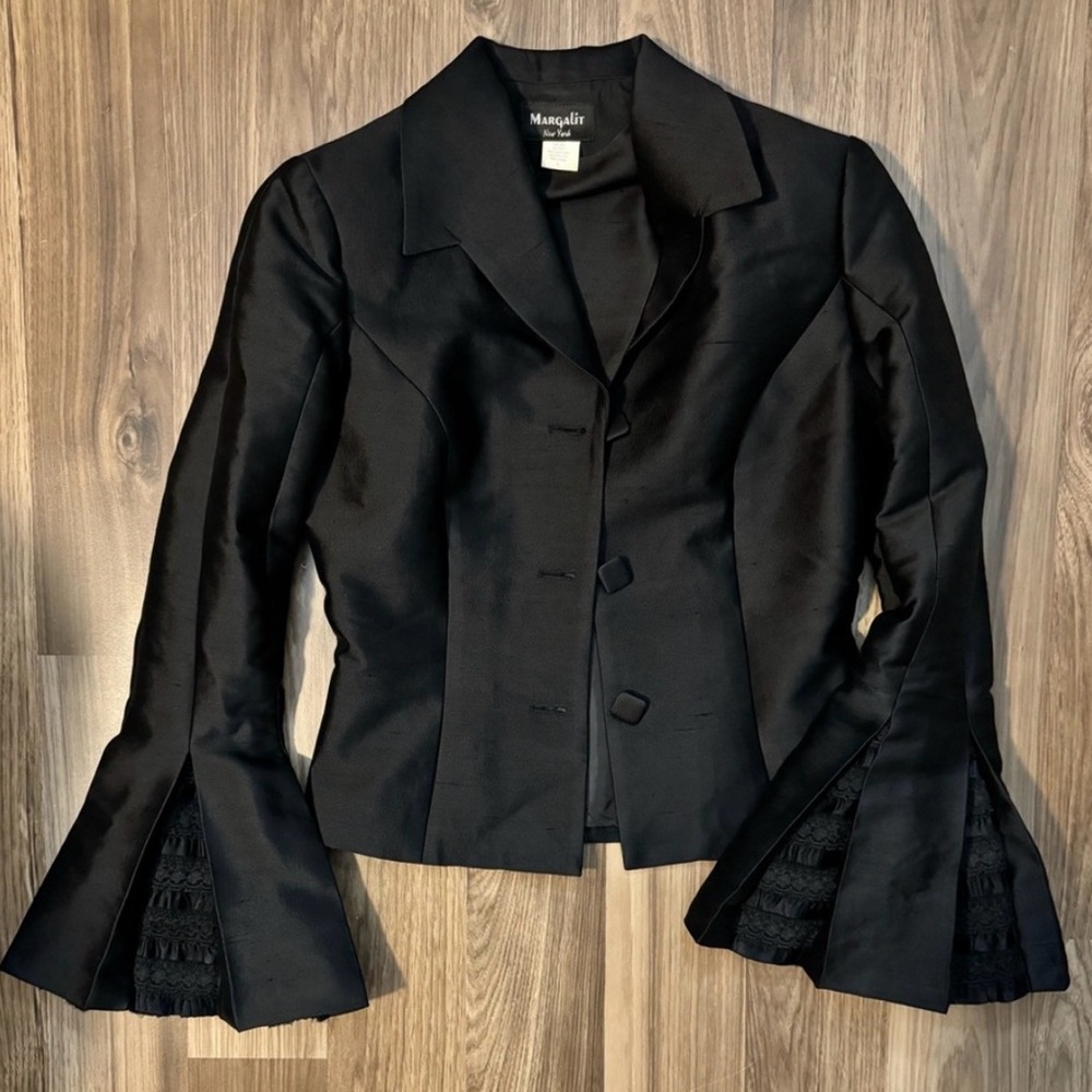 Margalit Silk Wool Fabulous Flounce Lace Sleeves Vtg Lined Button Crop Jacket 6